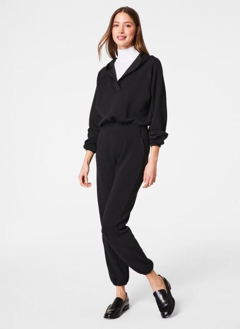 SPANX AirEssentials V-Neck Hooded One Piece Athleisure Jumpsuit in black. Size S